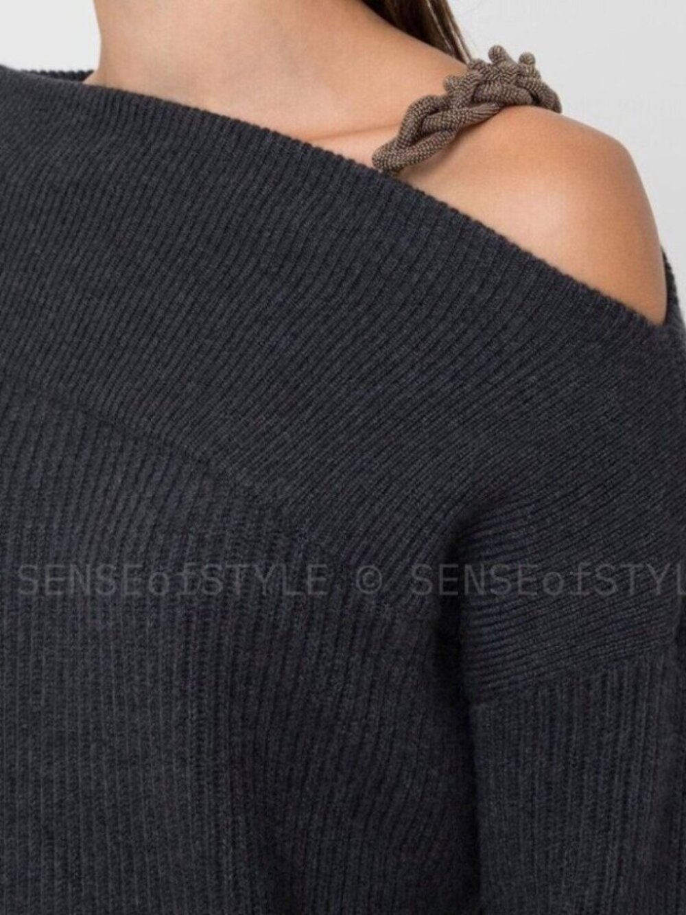 Brunello Cucinelli Cashmere Sweater Monili Chain Cold Shoulder Top Knit Gray S - Picture 2 of 12